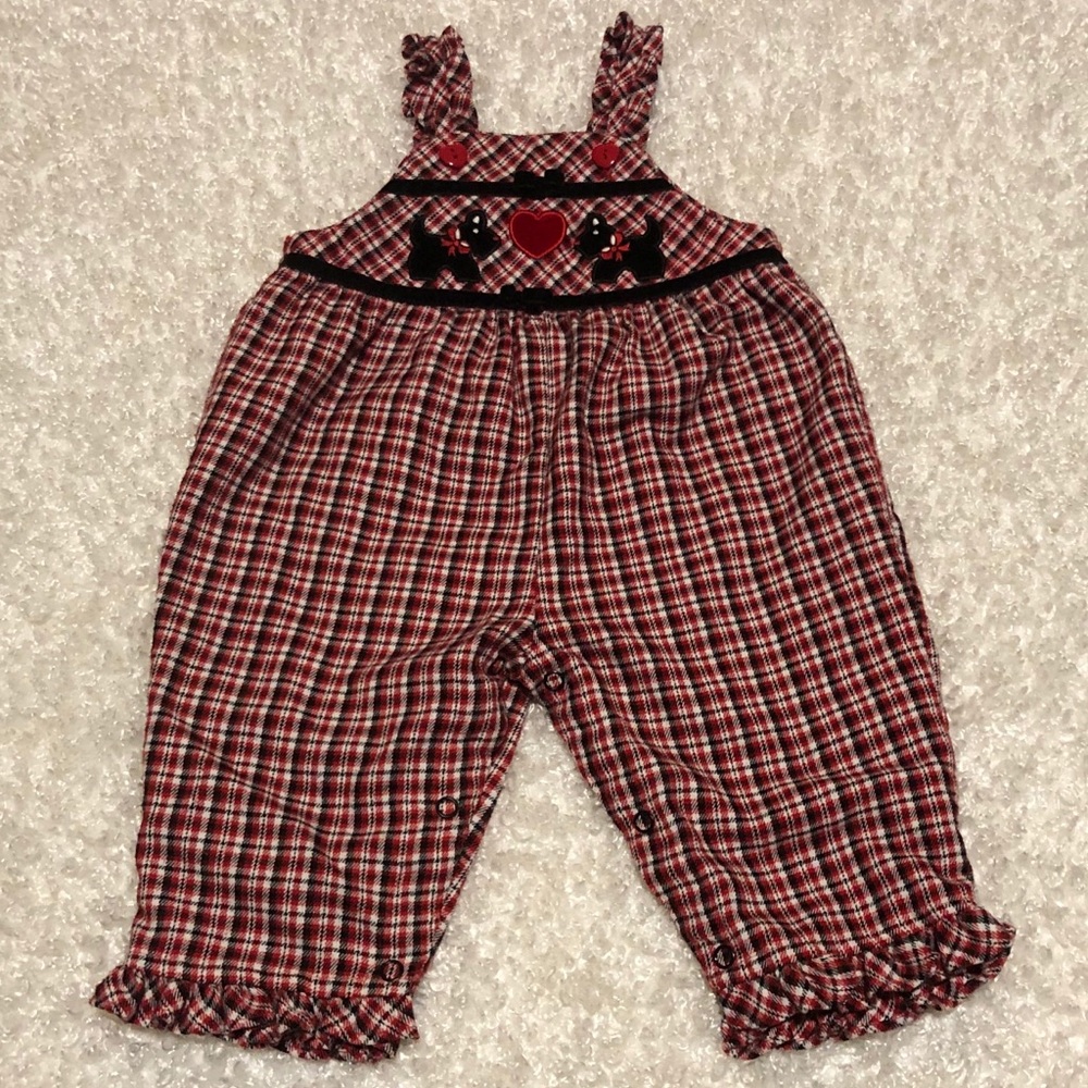 2001, vintage 6/9M red, black, white, overalls